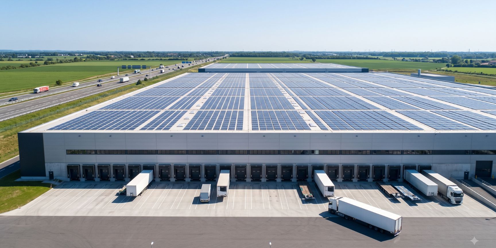 Moderne Logistikhalle mit vielen LKW-Rampen, Photovoltaikanlage und Autobahnanbindung. Fotorealistische Außenaufnahme einer effizienten Gewerbeimmobilie.